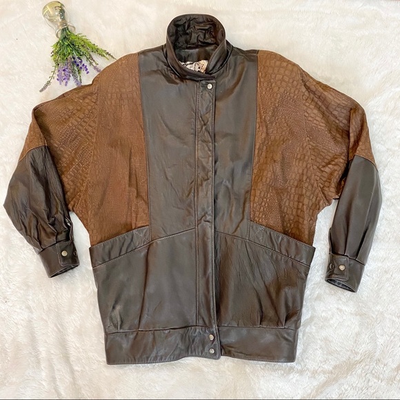 VINTAGE 80s Croc Embossed Brown Leather Jacket - Picture 3 of 8